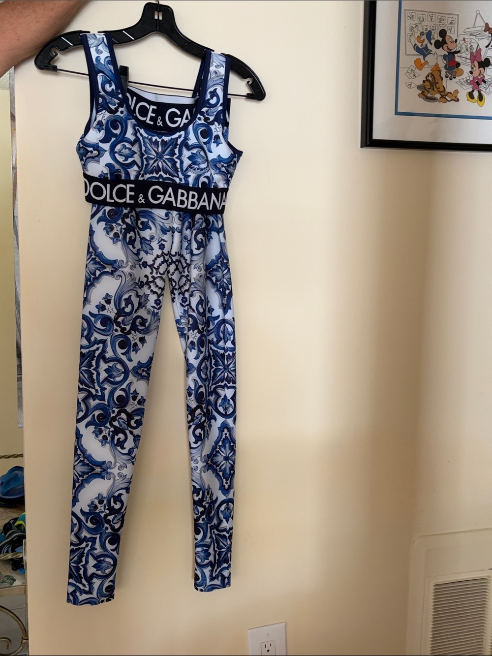 Dolce & Gabbana Blue & White Tile-Print Jumpsuit with Logo Band